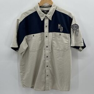 Harley Davidson Shirt Mens XL Beige Blue Embroidered Garage Mechanic Button Down